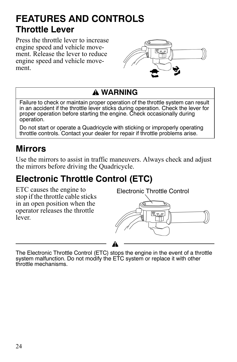 Features and controls, Throttle lever, Mirrors | Electronic throttle control (etc) | Polaris Sportsman 9921848 User Manual | Page 25 / 142