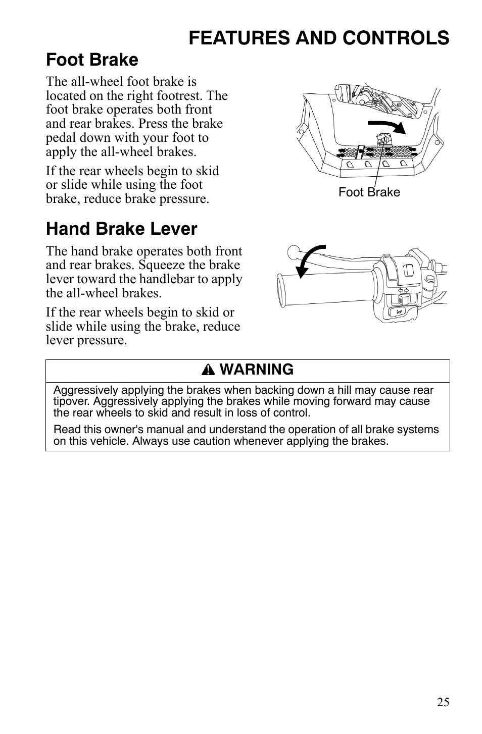 Features and controls, Foot brake, Hand brake lever | Polaris Sportsman 9921848 User Manual | Page 26 / 142