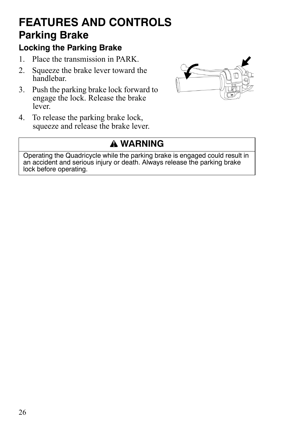 Features and controls, Parking brake | Polaris Sportsman 9921848 User Manual | Page 27 / 142