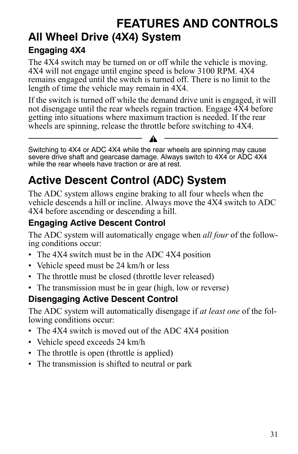 Features and controls, All wheel drive (4x4) system, Active descent control (adc) system | Polaris Sportsman 9921848 User Manual | Page 32 / 142