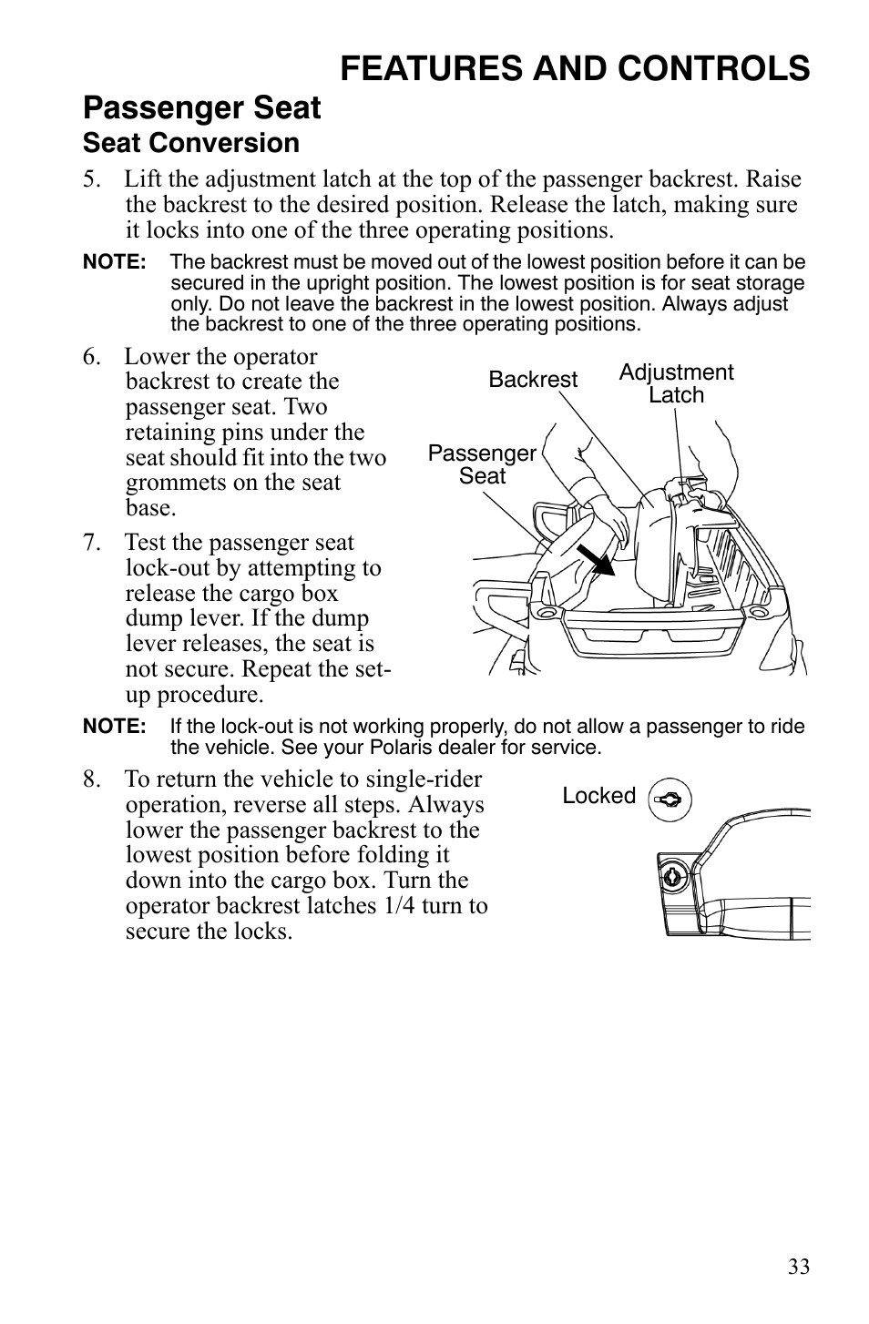 Features and controls, Passenger seat, Seat conversion | Polaris Sportsman 9921848 User Manual | Page 34 / 142