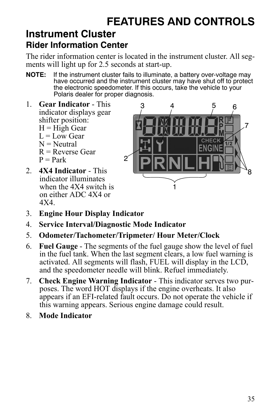 Features and controls, Instrument cluster | Polaris Sportsman 9921848 User Manual | Page 36 / 142