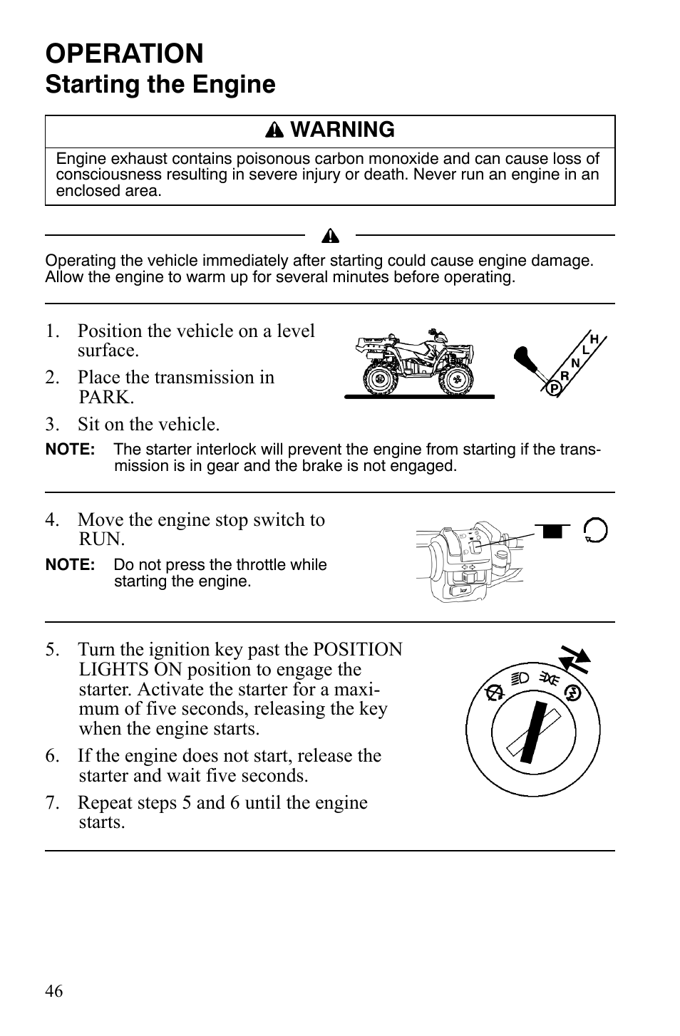 Operation, Starting the engine, Warning | Polaris Sportsman 9921848 User Manual | Page 47 / 142