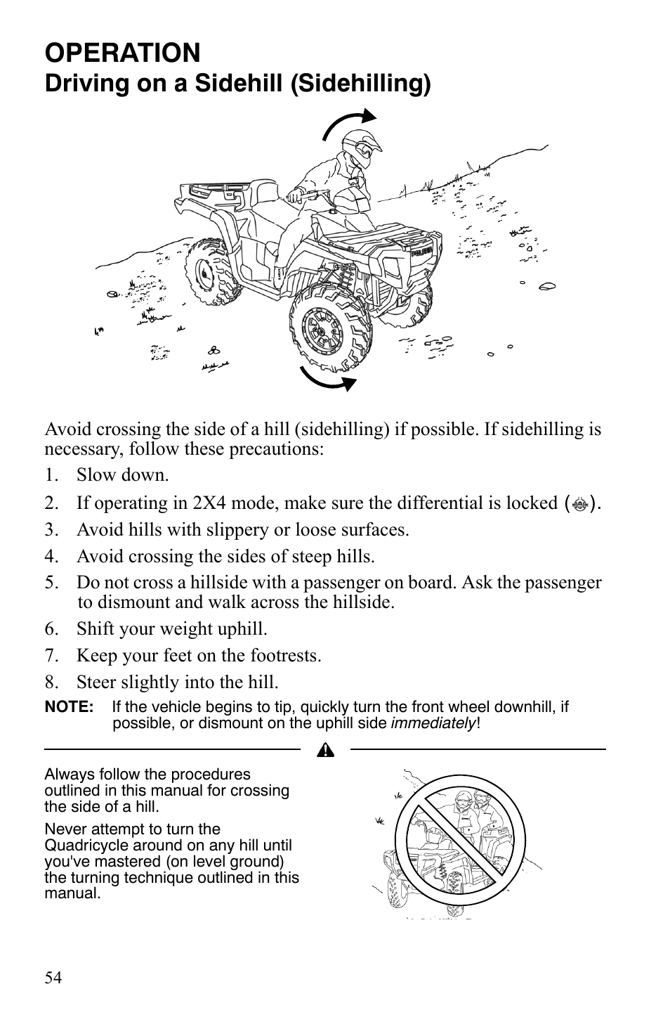 Operation, Driving on a sidehill (sidehilling) | Polaris Sportsman 9921848 User Manual | Page 55 / 142