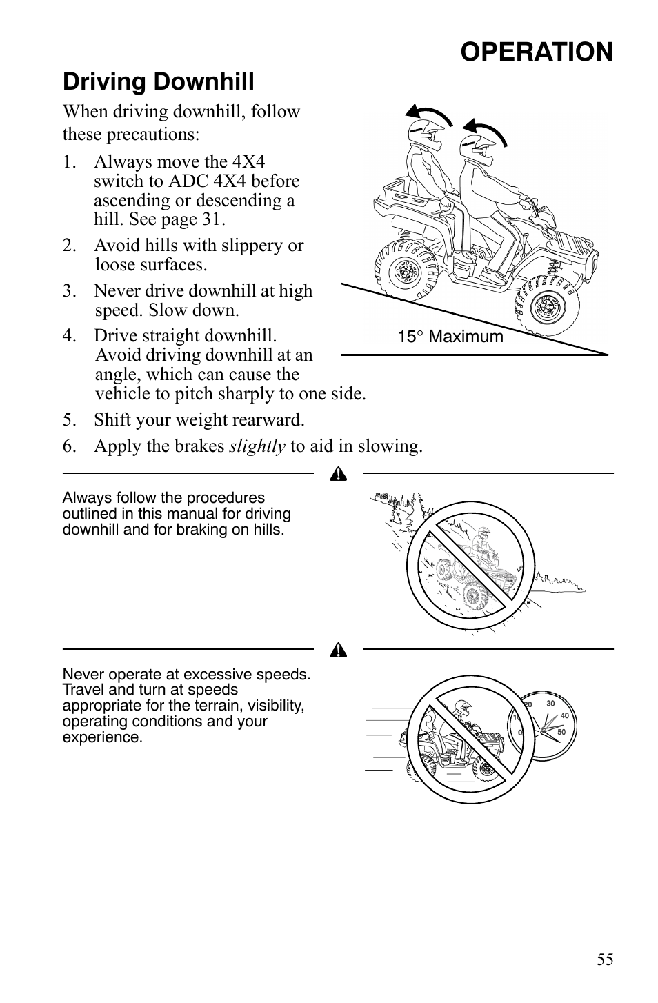 Operation, Driving downhill | Polaris Sportsman 9921848 User Manual | Page 56 / 142