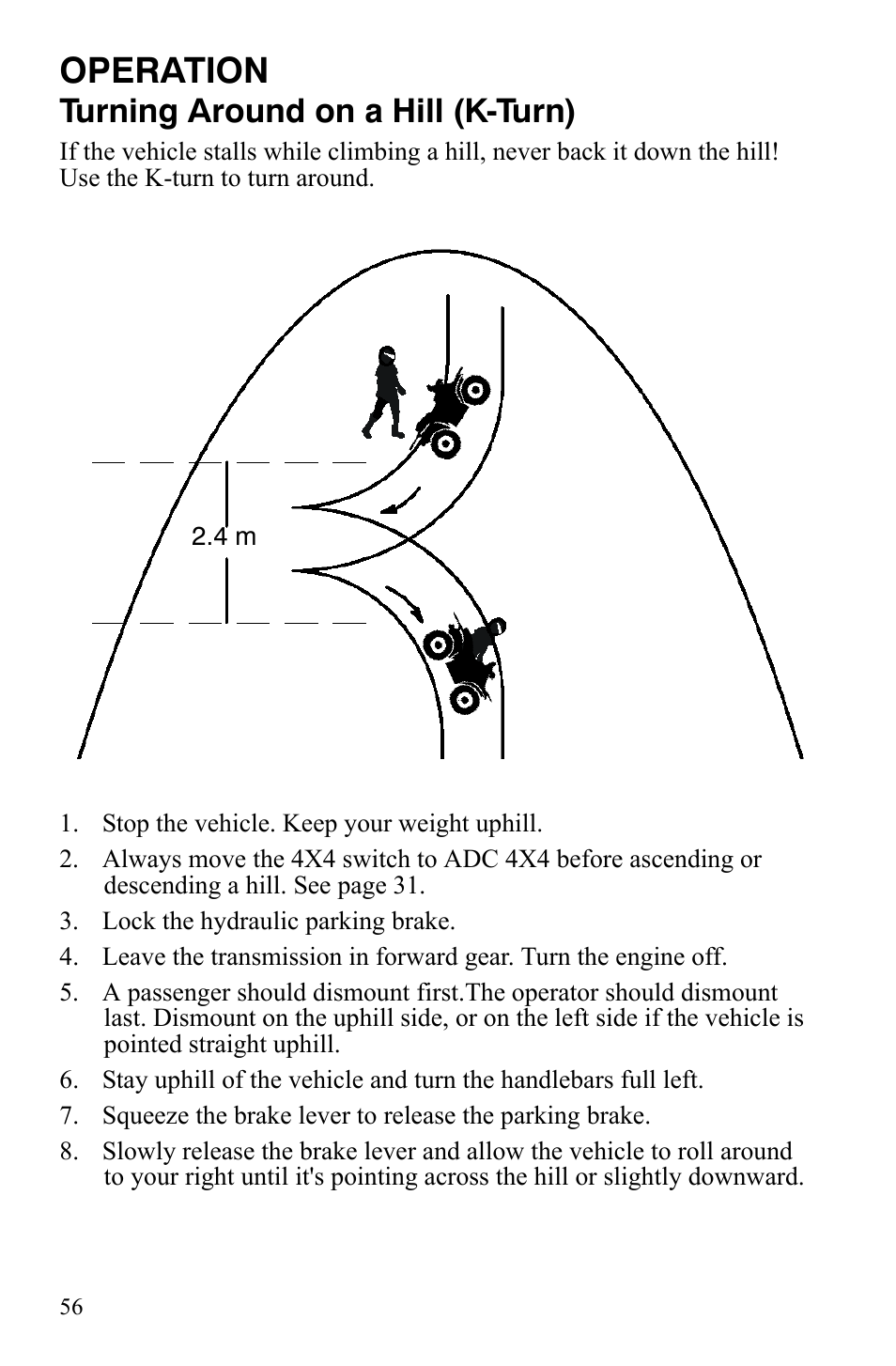 Operation, Turning around on a hill (k-turn) | Polaris Sportsman 9921848 User Manual | Page 57 / 142