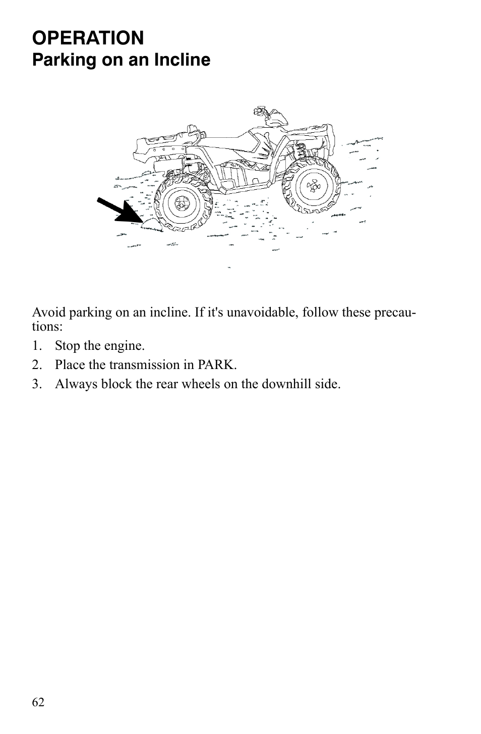 Operation, Parking on an incline | Polaris Sportsman 9921848 User Manual | Page 63 / 142