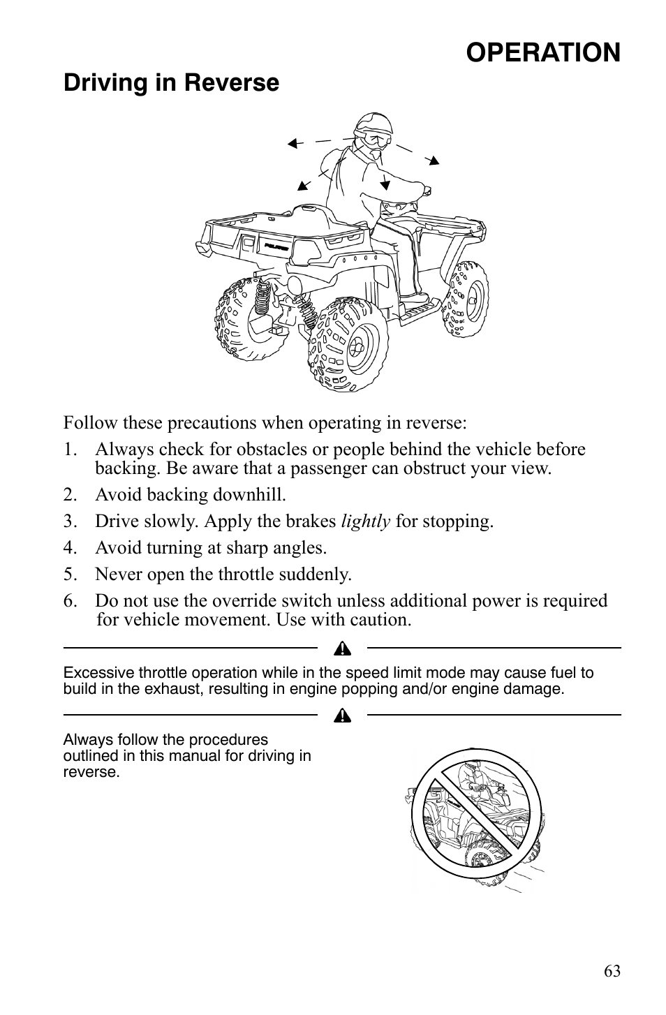 Operation, Driving in reverse | Polaris Sportsman 9921848 User Manual | Page 64 / 142