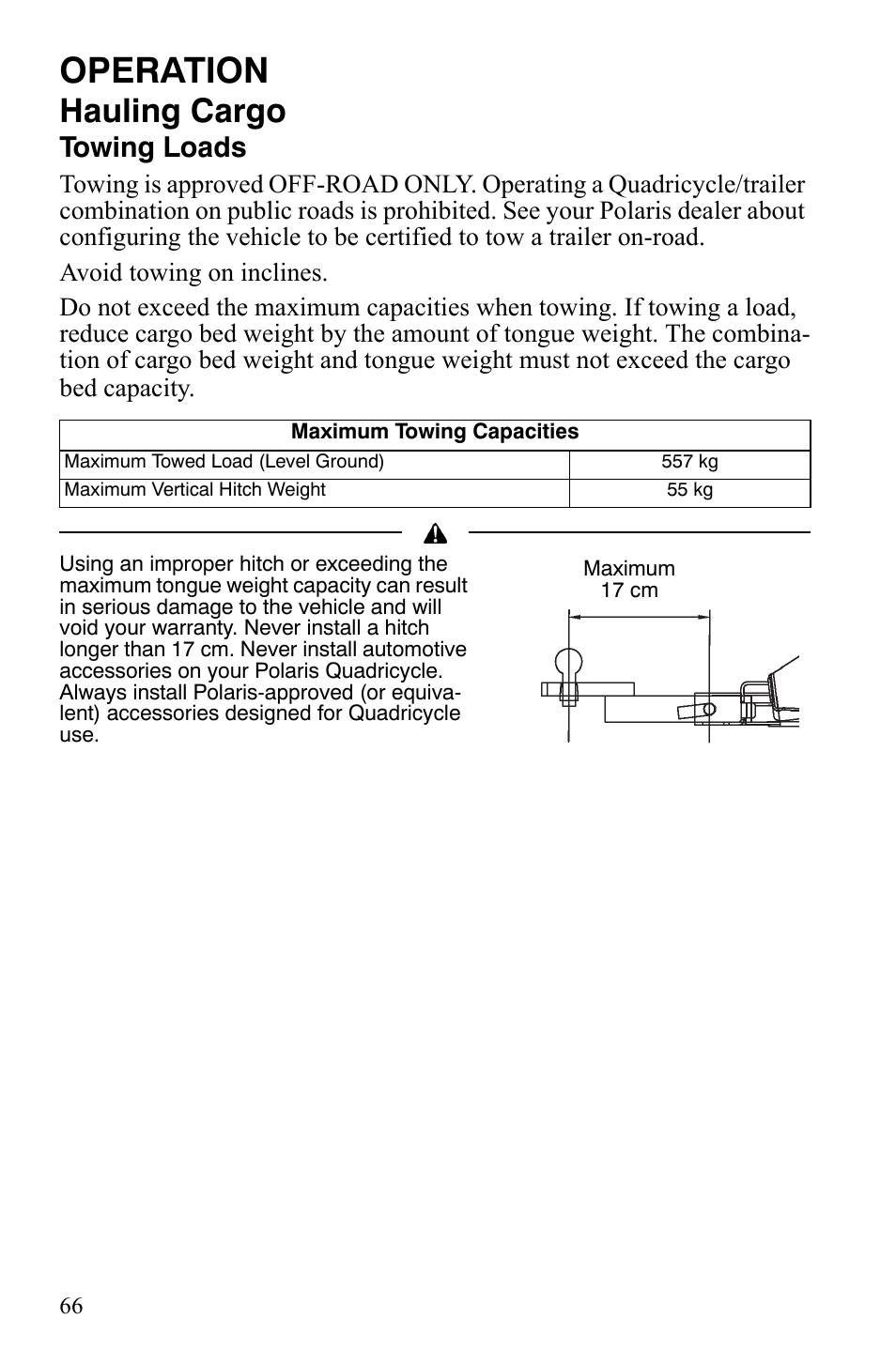 Operation, Hauling cargo, Towing loads | Polaris Sportsman 9921848 User Manual | Page 67 / 142