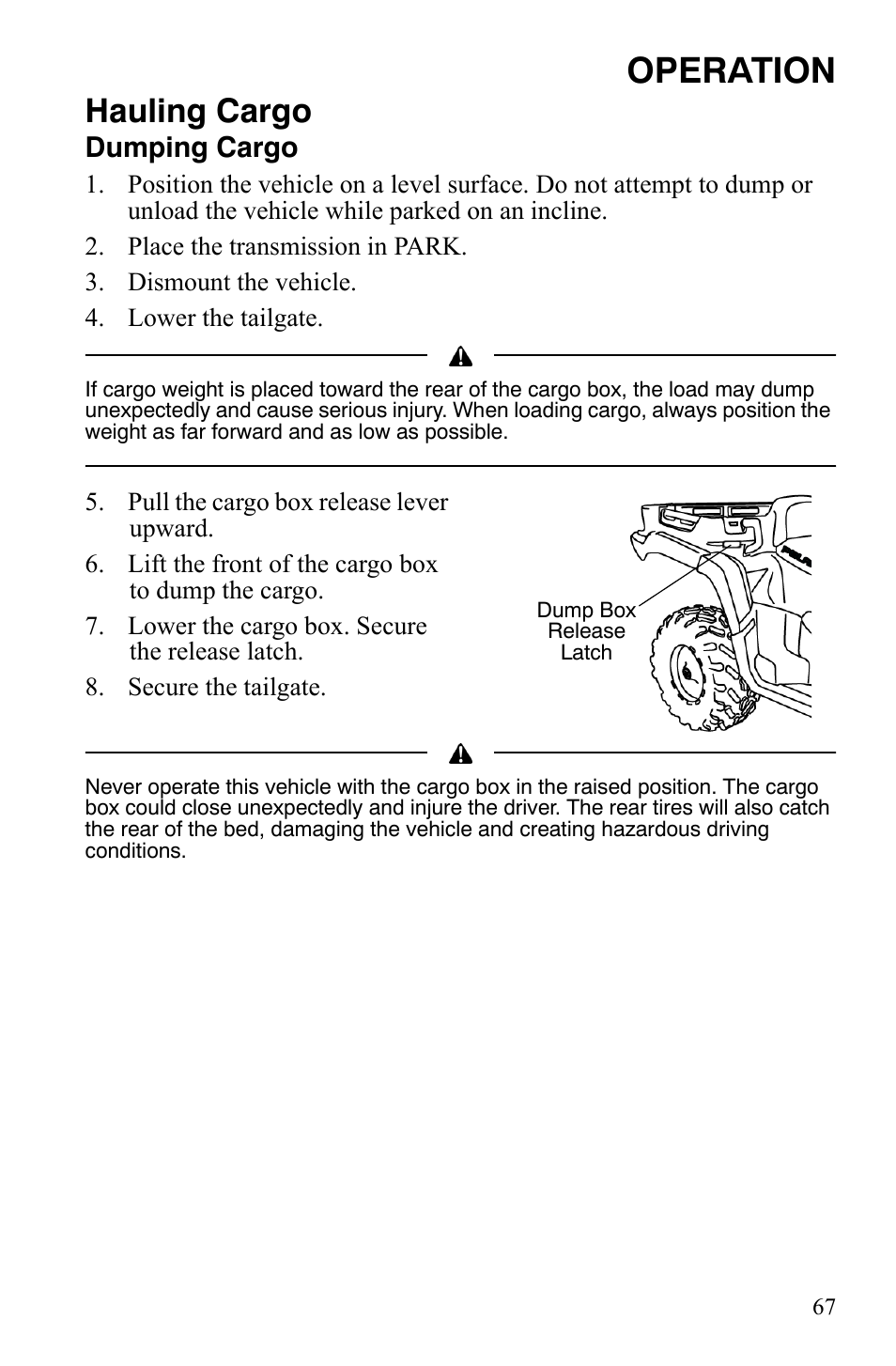 Operation, Hauling cargo, Dumping cargo | Polaris Sportsman 9921848 User Manual | Page 68 / 142