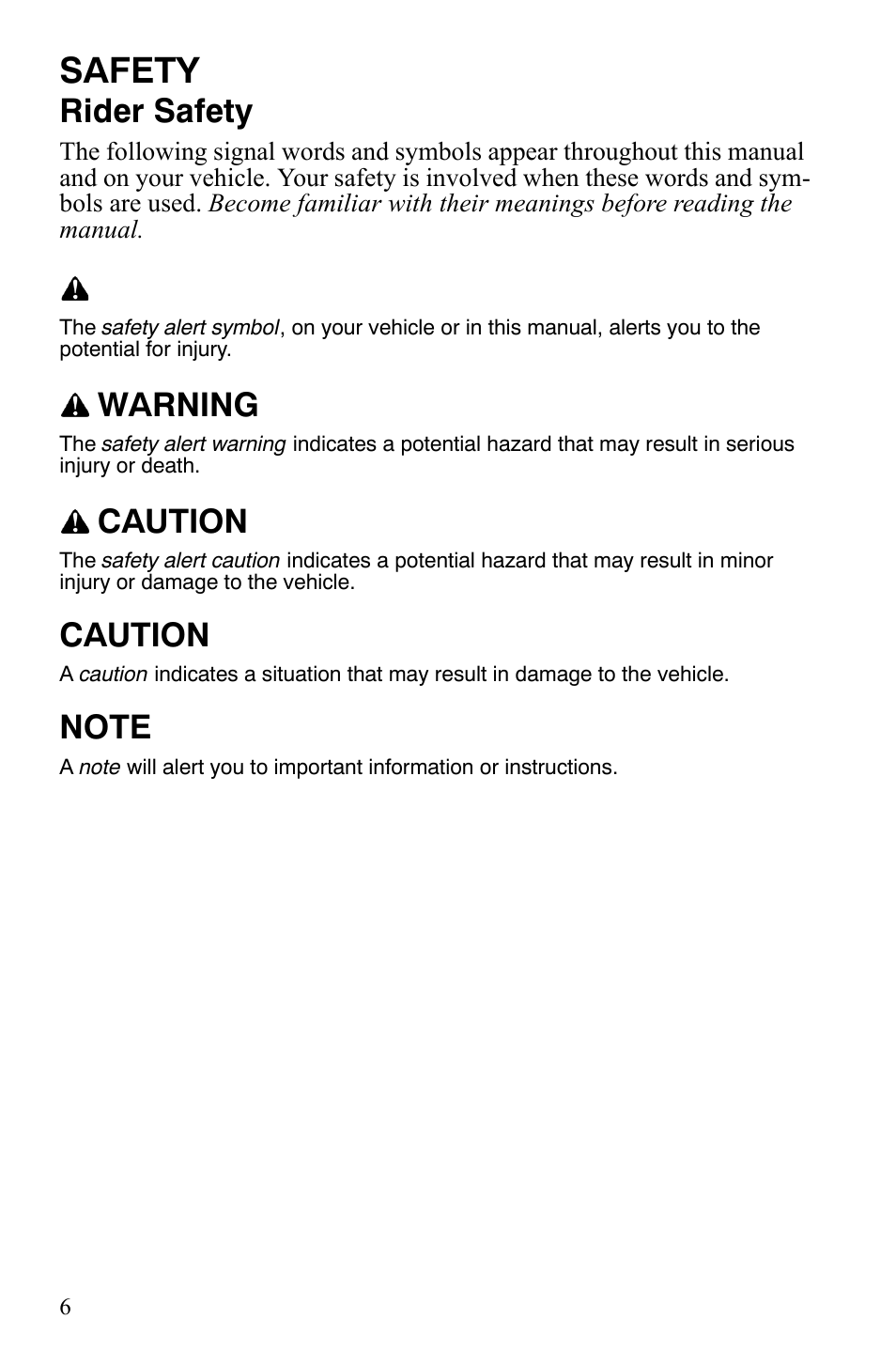 Safety, Rider safety, Warning | Caution | Polaris Sportsman 9921848 User Manual | Page 7 / 142