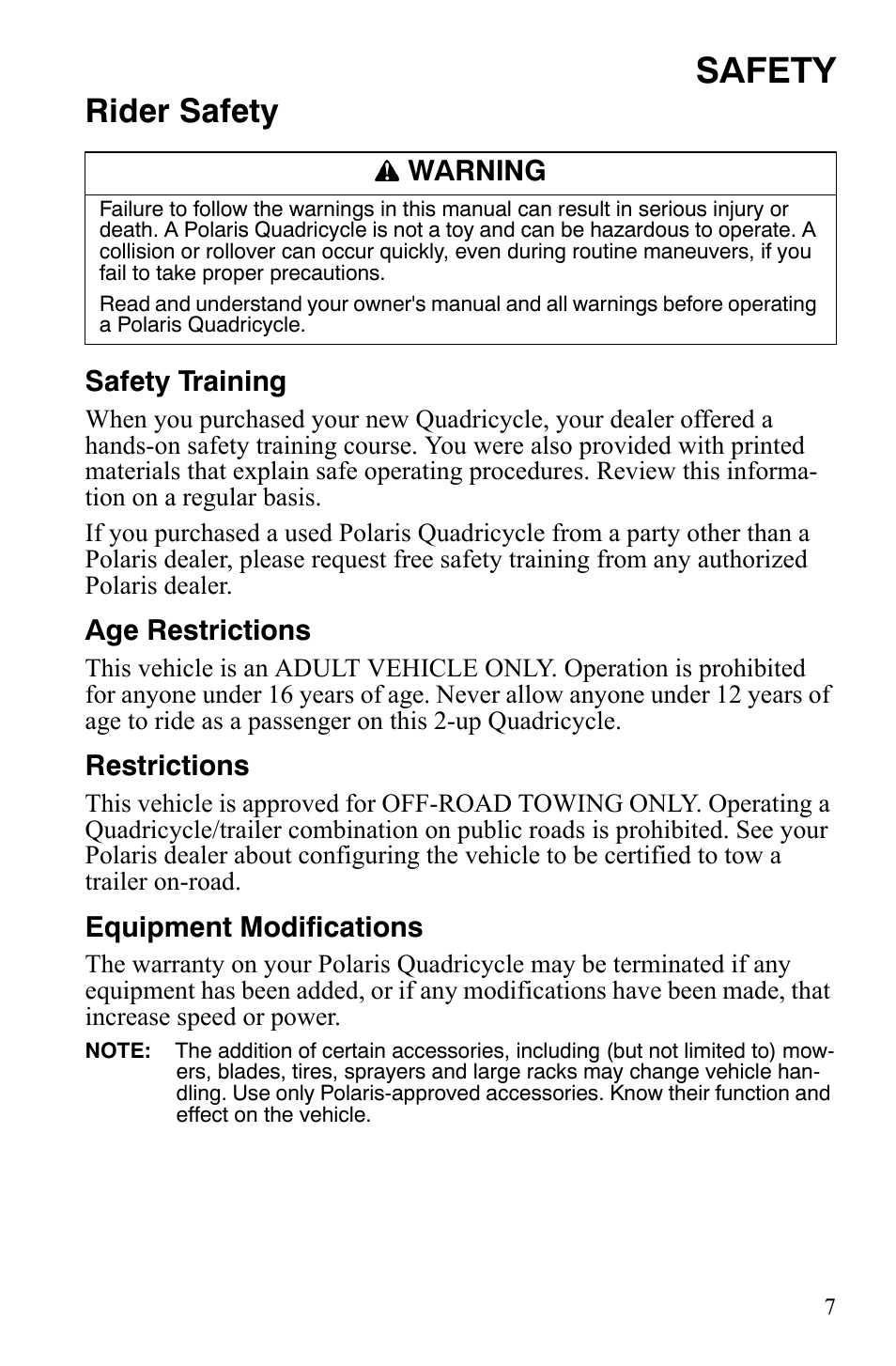 Safety, Rider safety | Polaris Sportsman 9921848 User Manual | Page 8 / 142