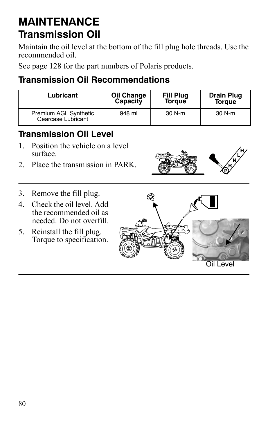 Maintenance, Transmission oil | Polaris Sportsman 9921848 User Manual | Page 81 / 142