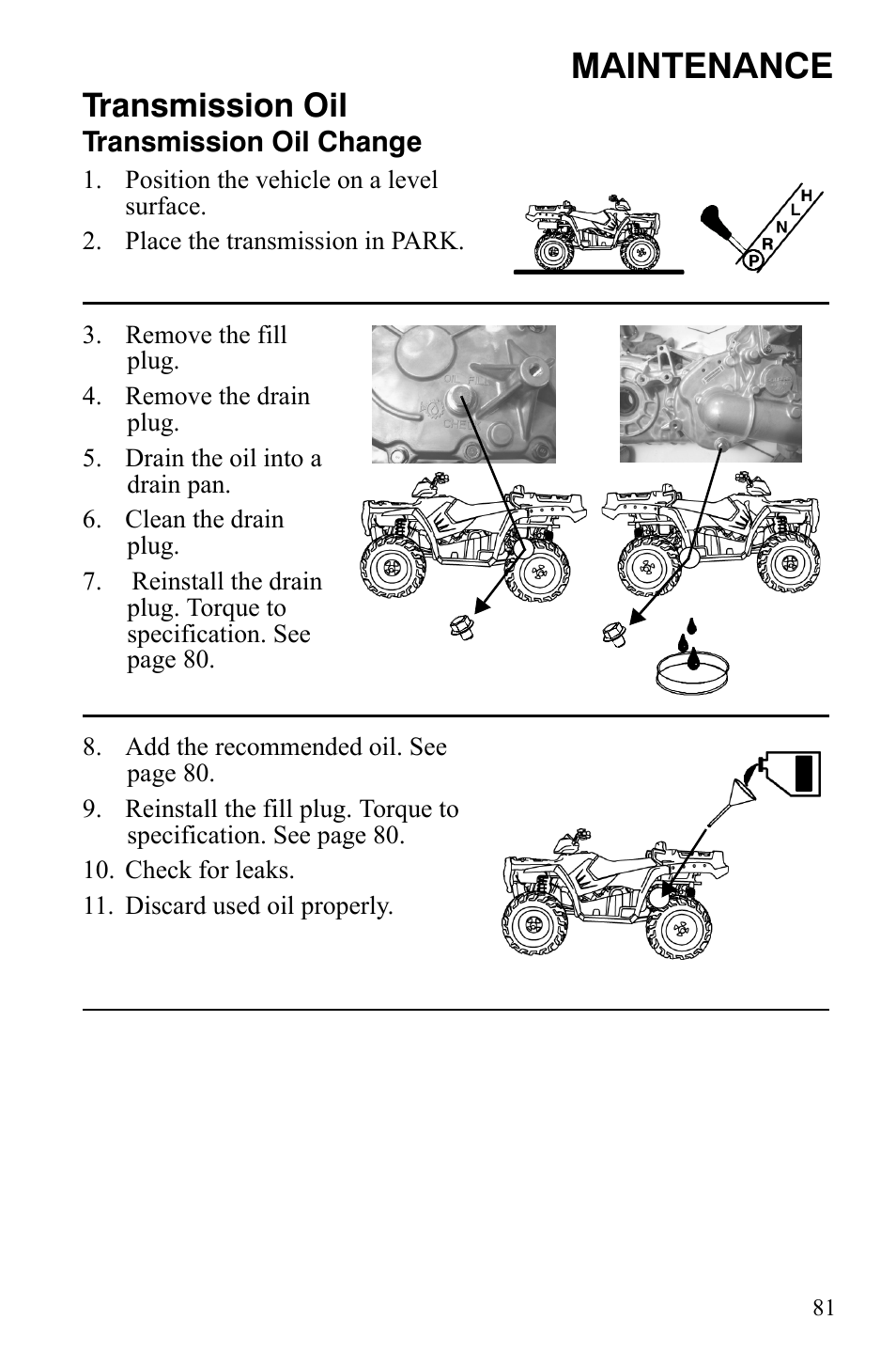 Maintenance, Transmission oil | Polaris Sportsman 9921848 User Manual | Page 82 / 142