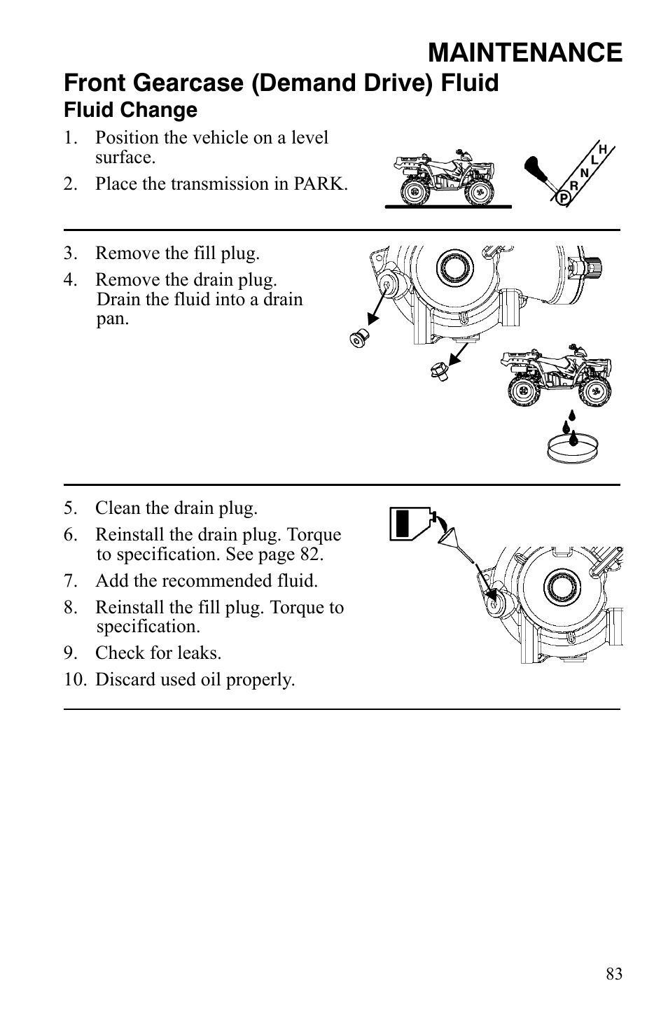 Maintenance, Front gearcase (demand drive) fluid | Polaris Sportsman 9921848 User Manual | Page 84 / 142