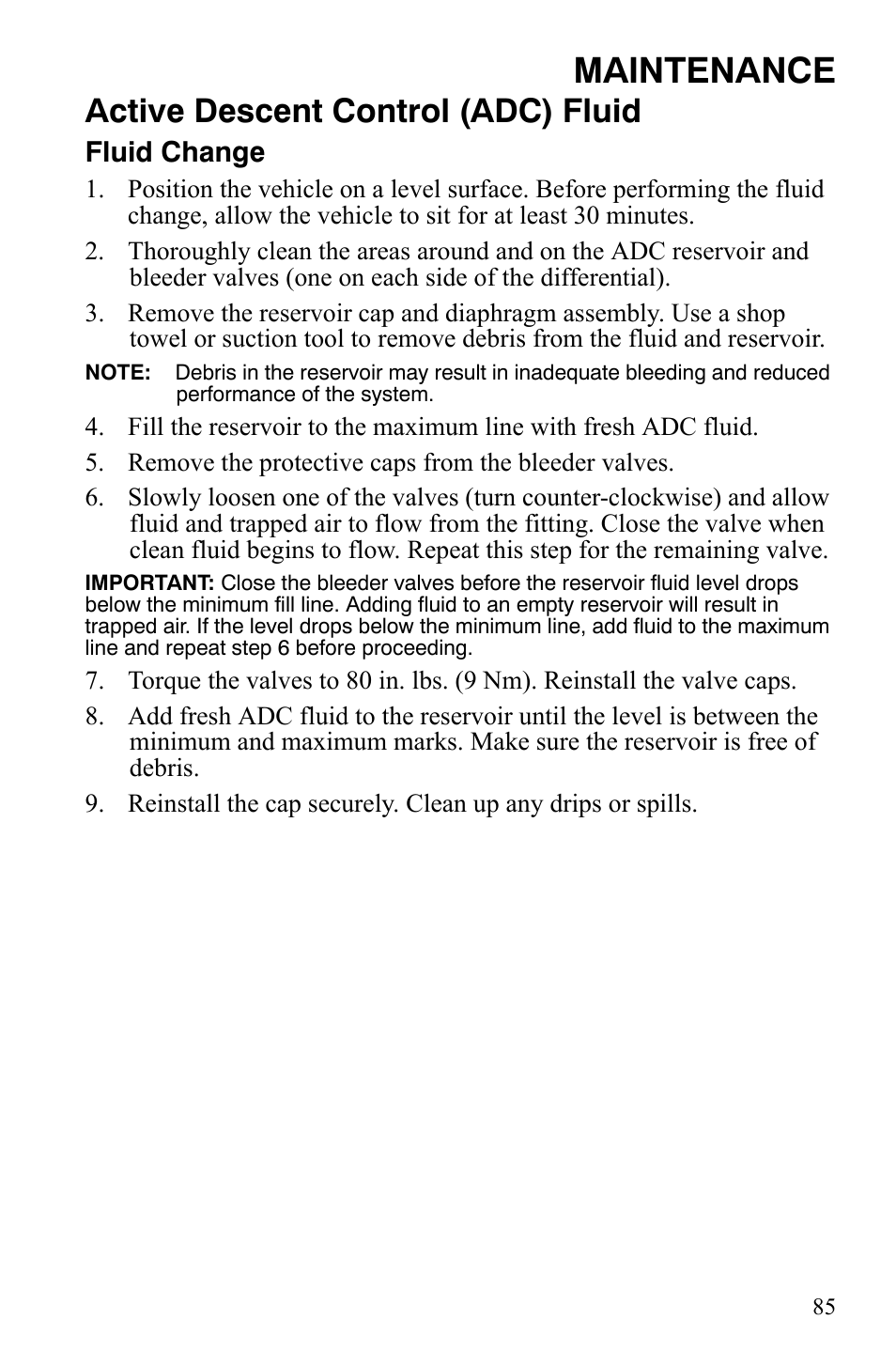 Maintenance, Active descent control (adc) fluid, Fluid change | Polaris Sportsman 9921848 User Manual | Page 86 / 142