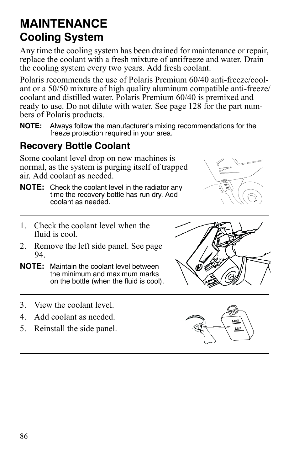 Maintenance, Cooling system, Recovery bottle coolant | Polaris Sportsman 9921848 User Manual | Page 87 / 142