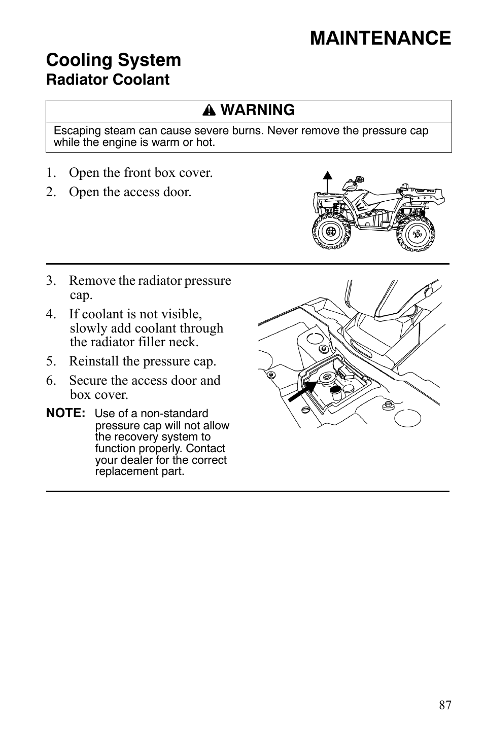 Maintenance, Cooling system, Radiator coolant | Warning | Polaris Sportsman 9921848 User Manual | Page 88 / 142