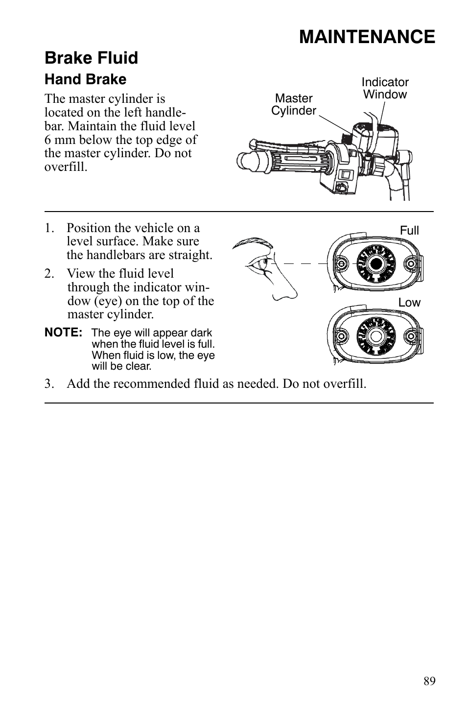 Maintenance, Brake fluid, Hand brake | Polaris Sportsman 9921848 User Manual | Page 90 / 142