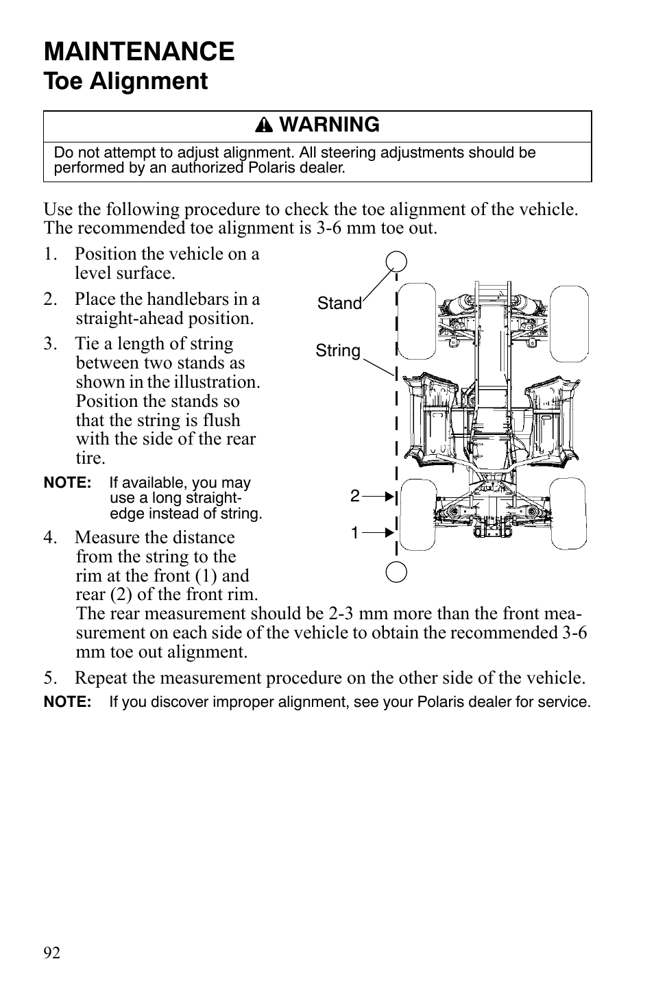 Maintenance, Toe alignment, Warning | Polaris Sportsman 9921848 User Manual | Page 93 / 142