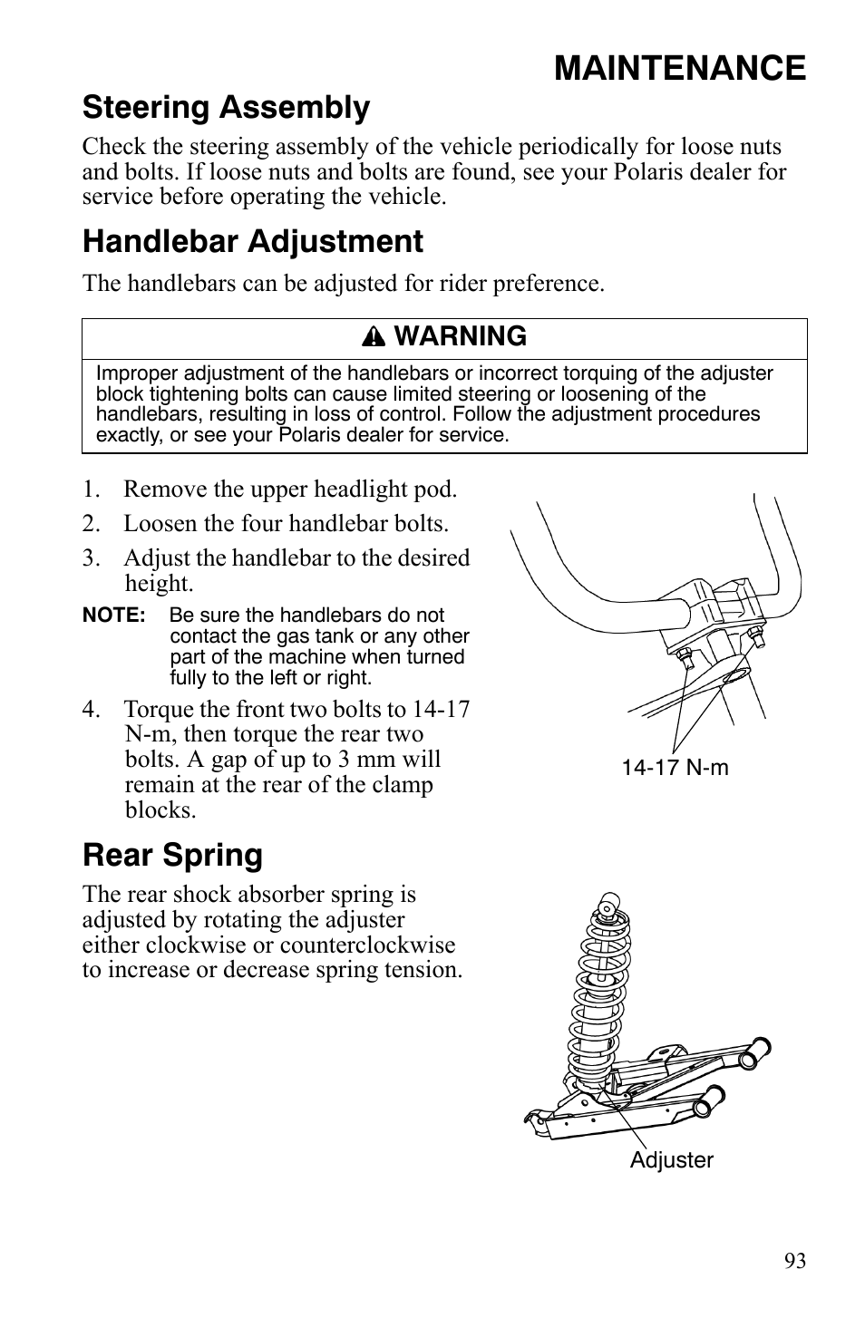 Maintenance, Steering assembly, Handlebar adjustment | Rear spring | Polaris Sportsman 9921848 User Manual | Page 94 / 142