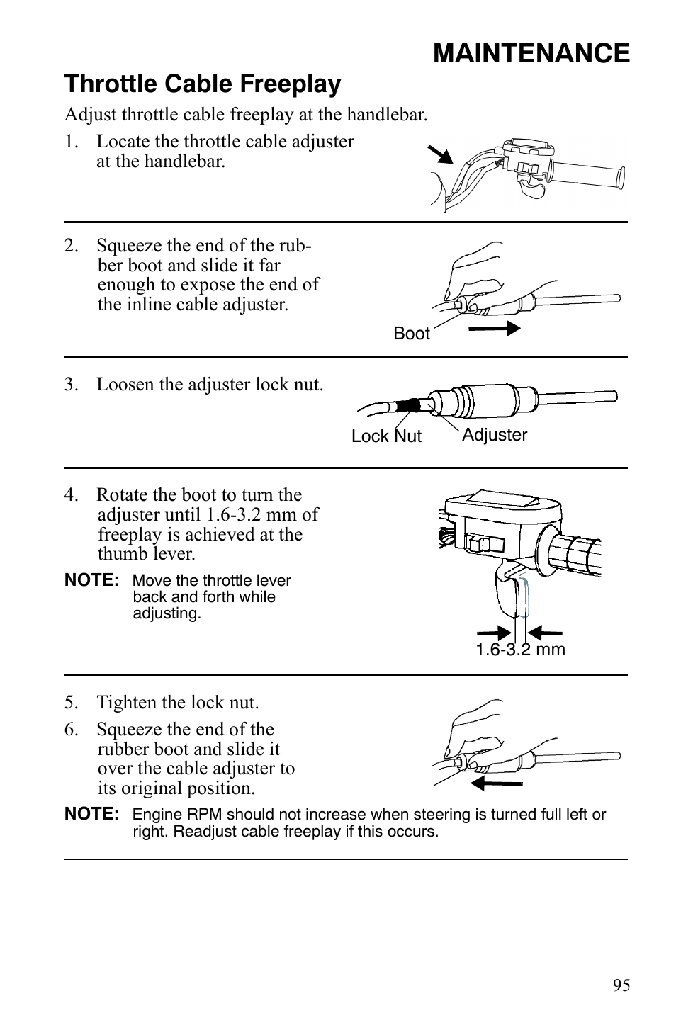 Maintenance, Throttle cable freeplay | Polaris Sportsman 9921848 User Manual | Page 96 / 142