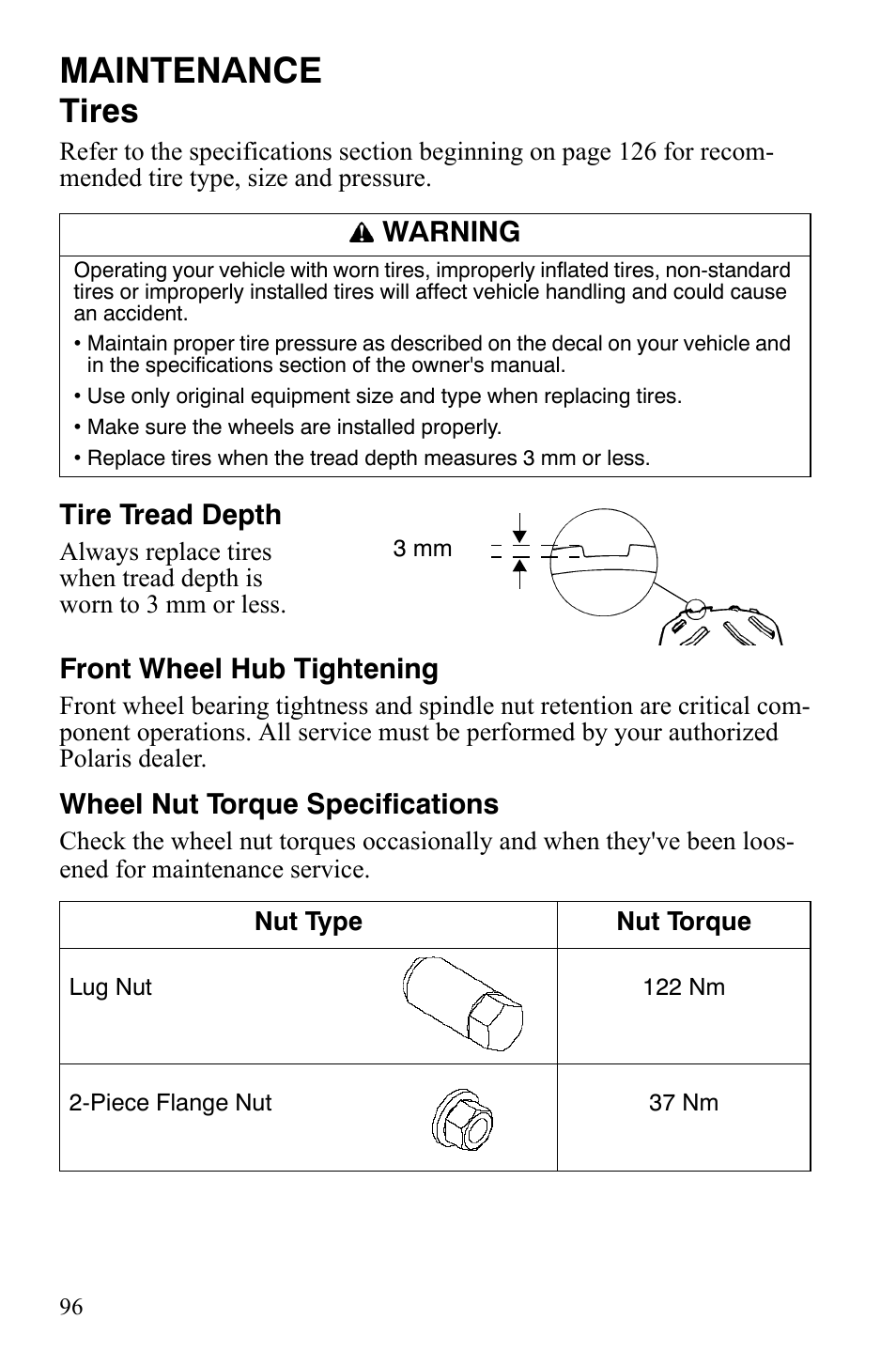 Maintenance, Tires | Polaris Sportsman 9921848 User Manual | Page 97 / 142