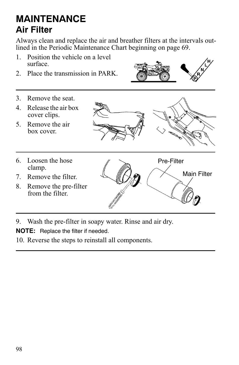 Maintenance, Air filter | Polaris Sportsman 9921848 User Manual | Page 99 / 142