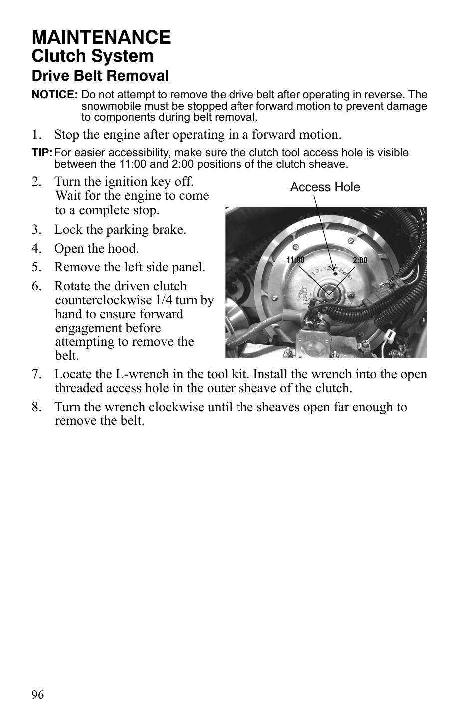 Maintenance, Clutch system, Drive belt removal | Polaris 800 Assault RMK User Manual | Page 100 / 134