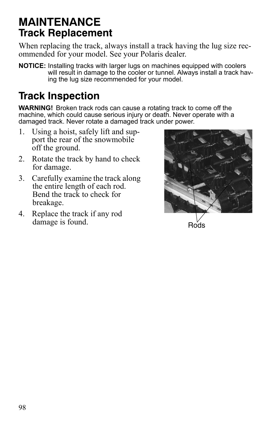 Maintenance, Track replacement, Track inspection | Polaris 800 Assault RMK User Manual | Page 102 / 134