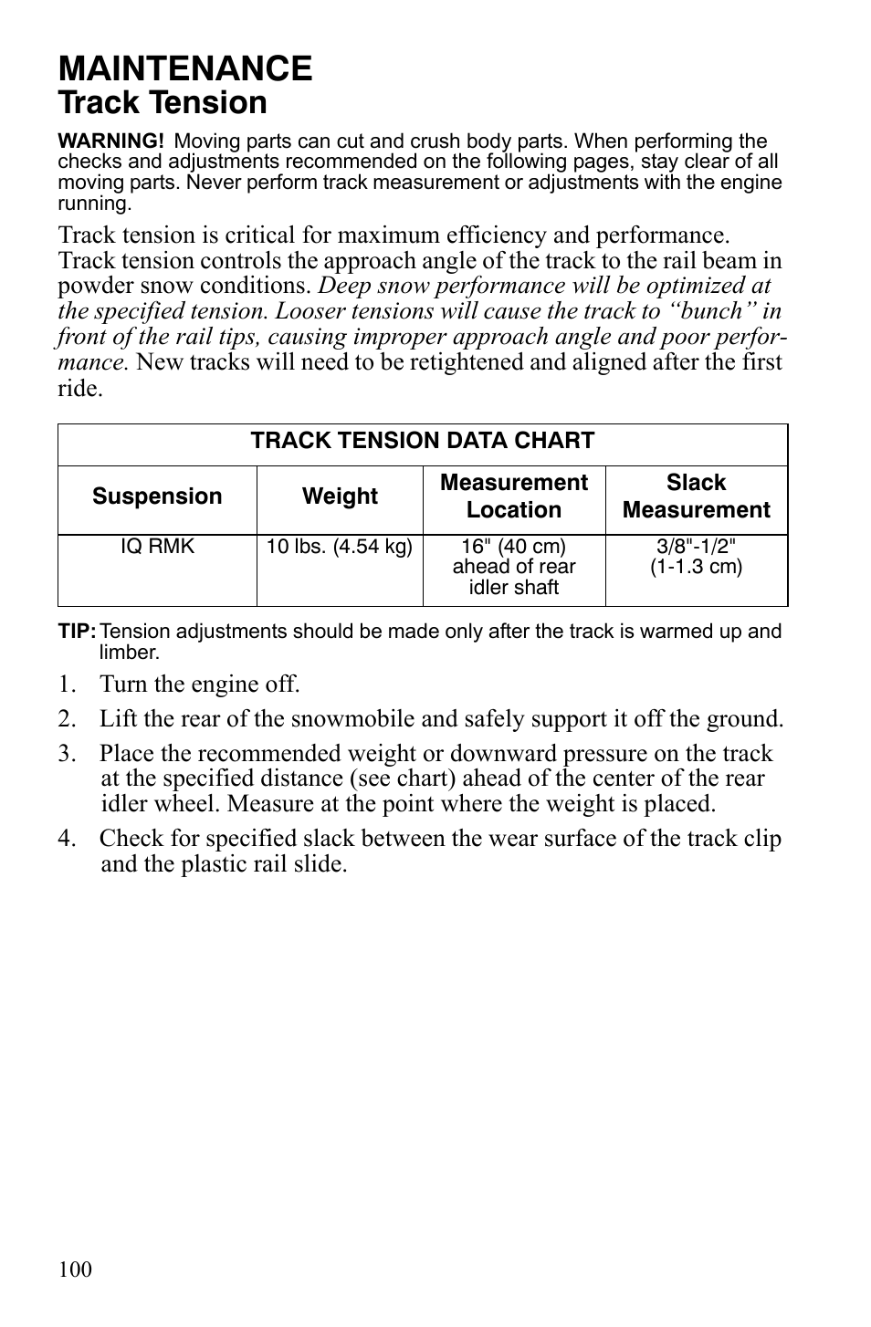 Maintenance, Track tension | Polaris 800 Assault RMK User Manual | Page 104 / 134