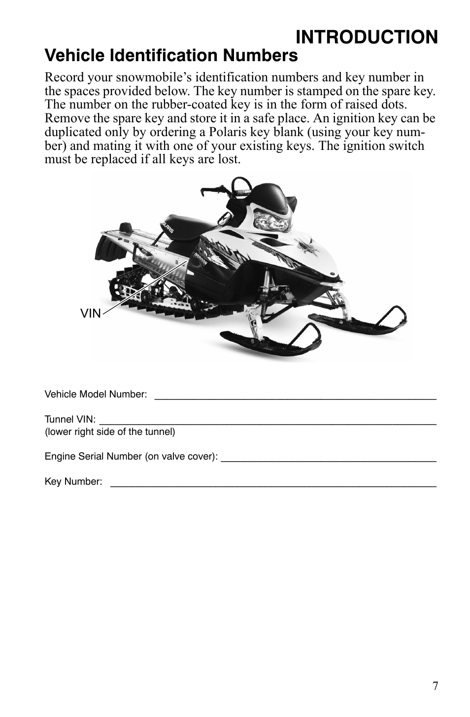 Introduction, Vehicle identification numbers | Polaris 800 Assault RMK User Manual | Page 11 / 134