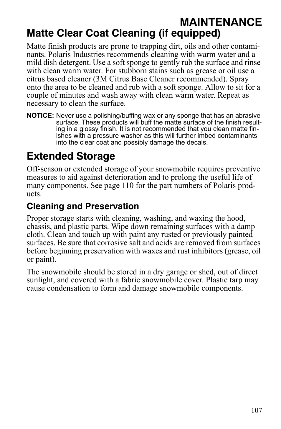 Maintenance, Matte clear coat cleaning (if equipped), Extended storage | Polaris 800 Assault RMK User Manual | Page 111 / 134