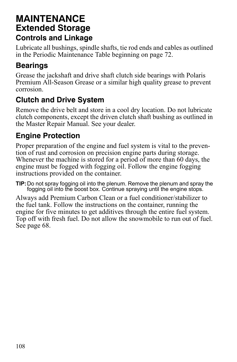 Maintenance, Extended storage | Polaris 800 Assault RMK User Manual | Page 112 / 134