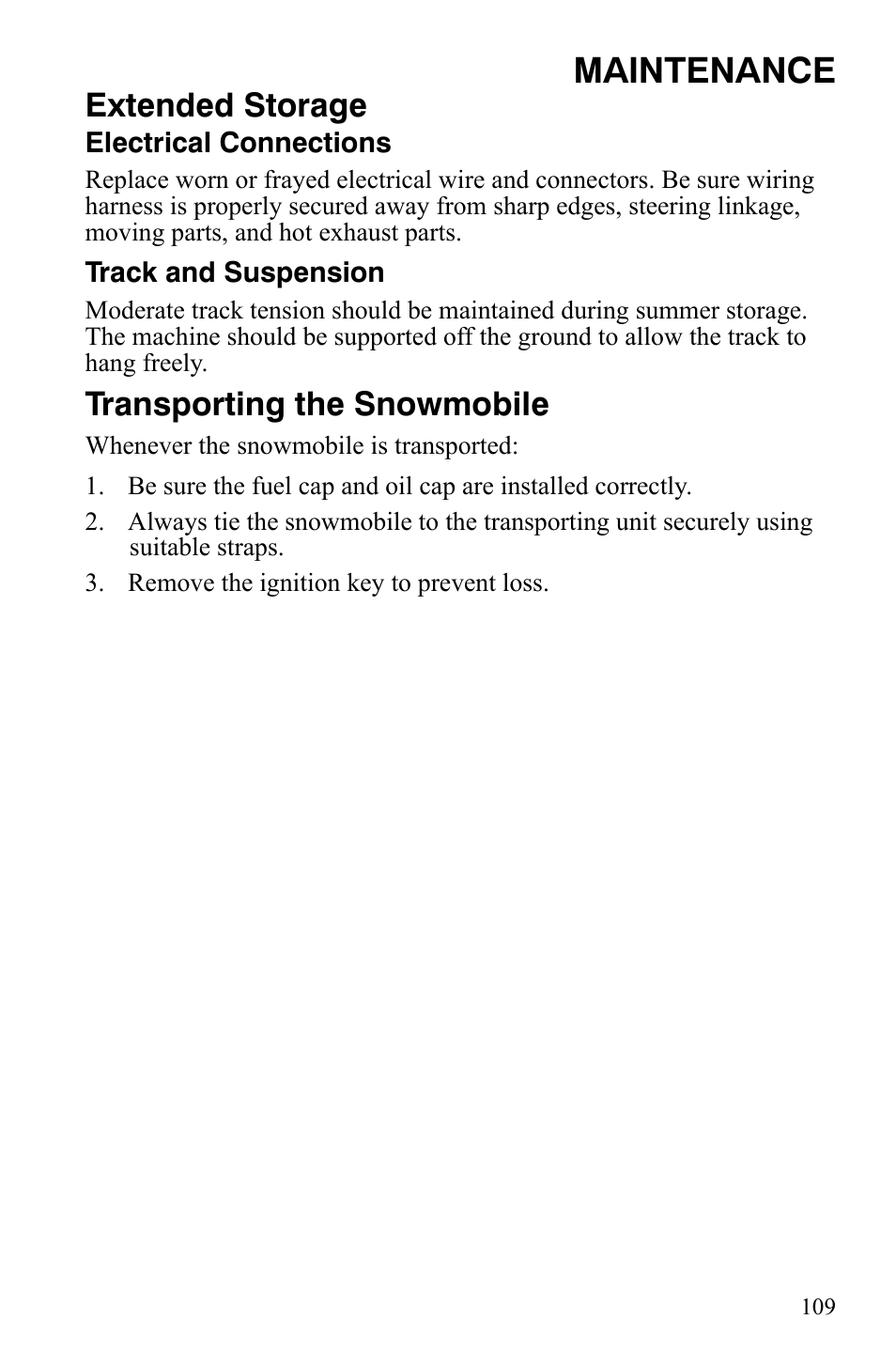 Maintenance, Extended storage, Transporting the snowmobile | Polaris 800 Assault RMK User Manual | Page 113 / 134