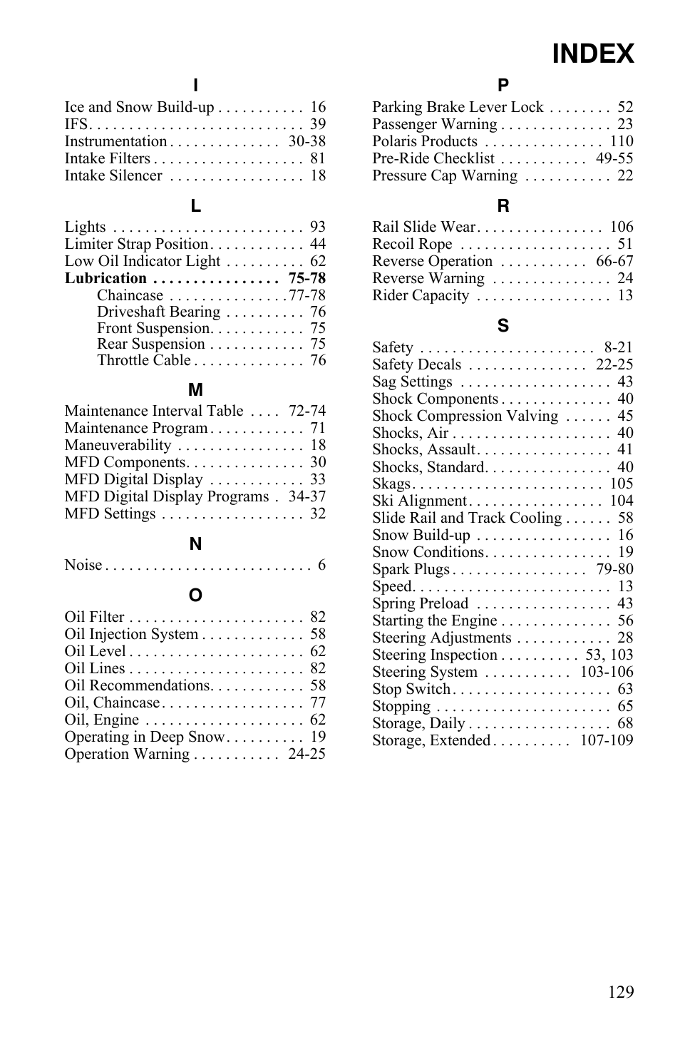 Index | Polaris 800 Assault RMK User Manual | Page 133 / 134