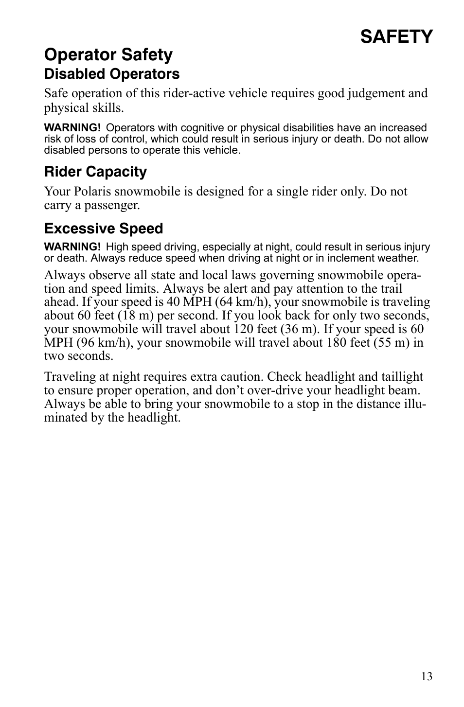 Safety, Operator safety | Polaris 800 Assault RMK User Manual | Page 17 / 134