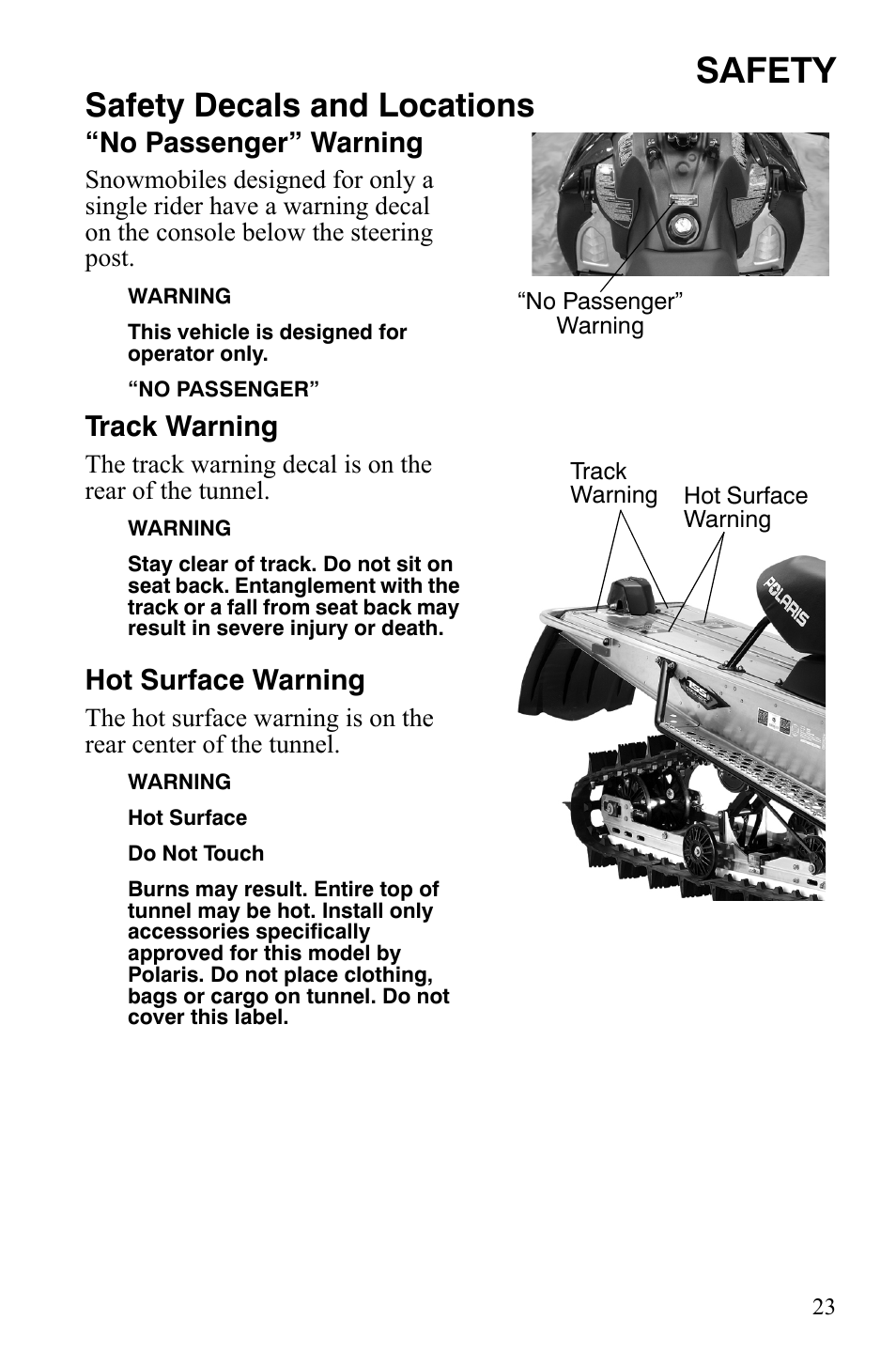 Safety, Safety decals and locations, No passenger” warning | Track warning, Hot surface warning | Polaris 800 Assault RMK User Manual | Page 27 / 134