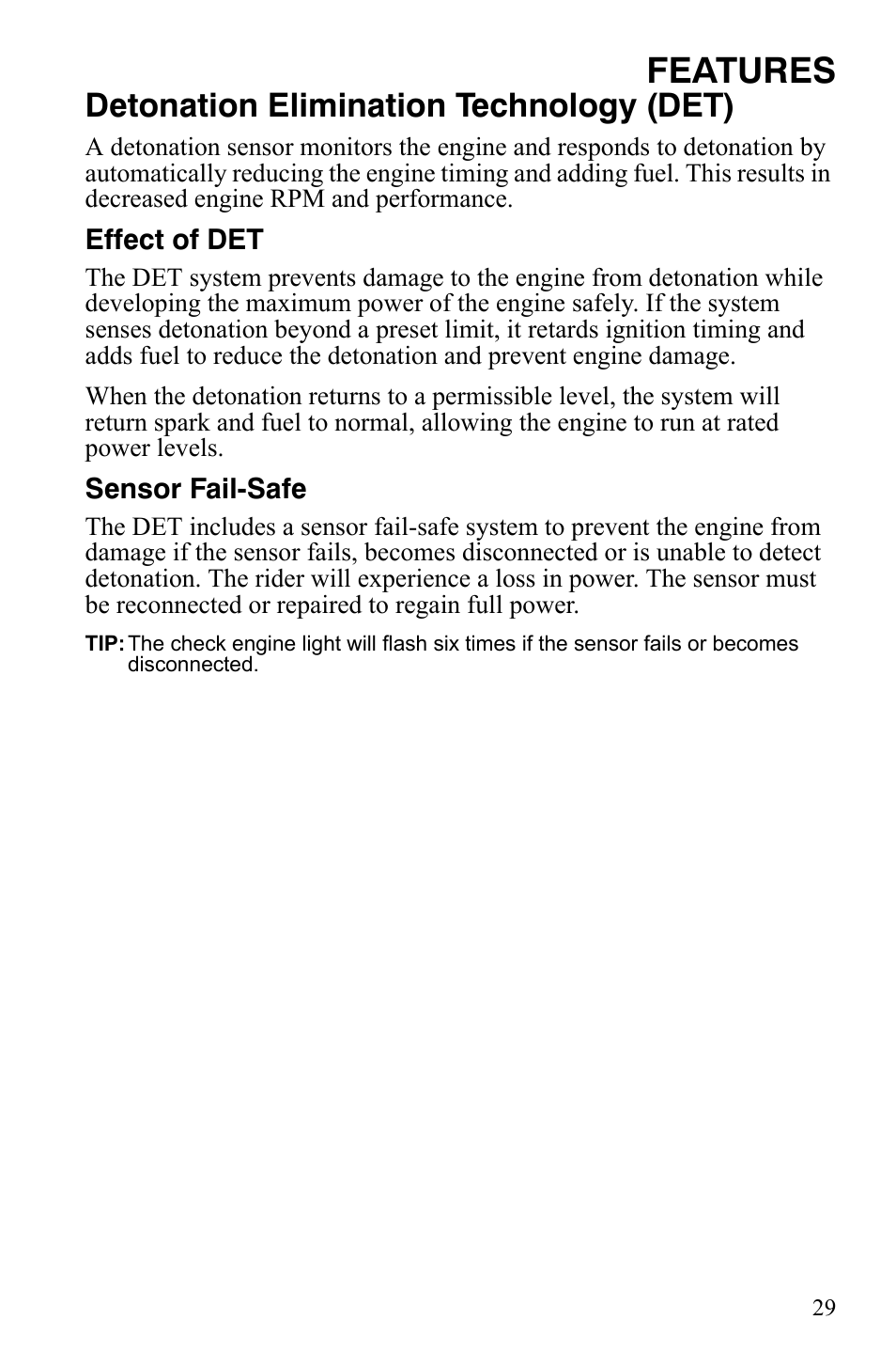 Features, Detonation elimination technology (det) | Polaris 800 Assault RMK User Manual | Page 33 / 134