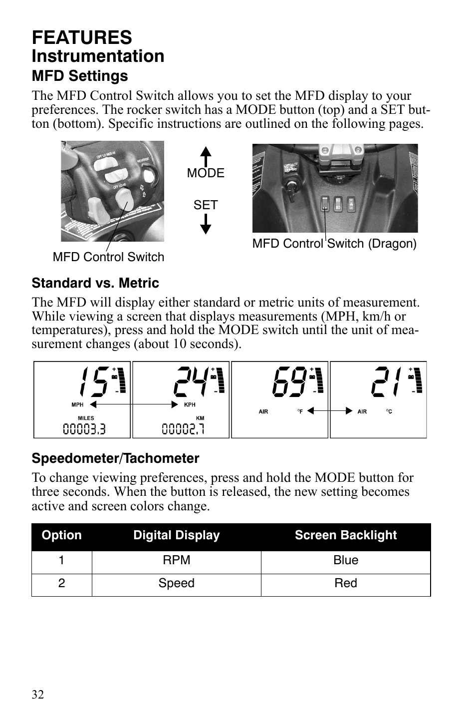 Features, Instrumentation | Polaris 800 Assault RMK User Manual | Page 36 / 134