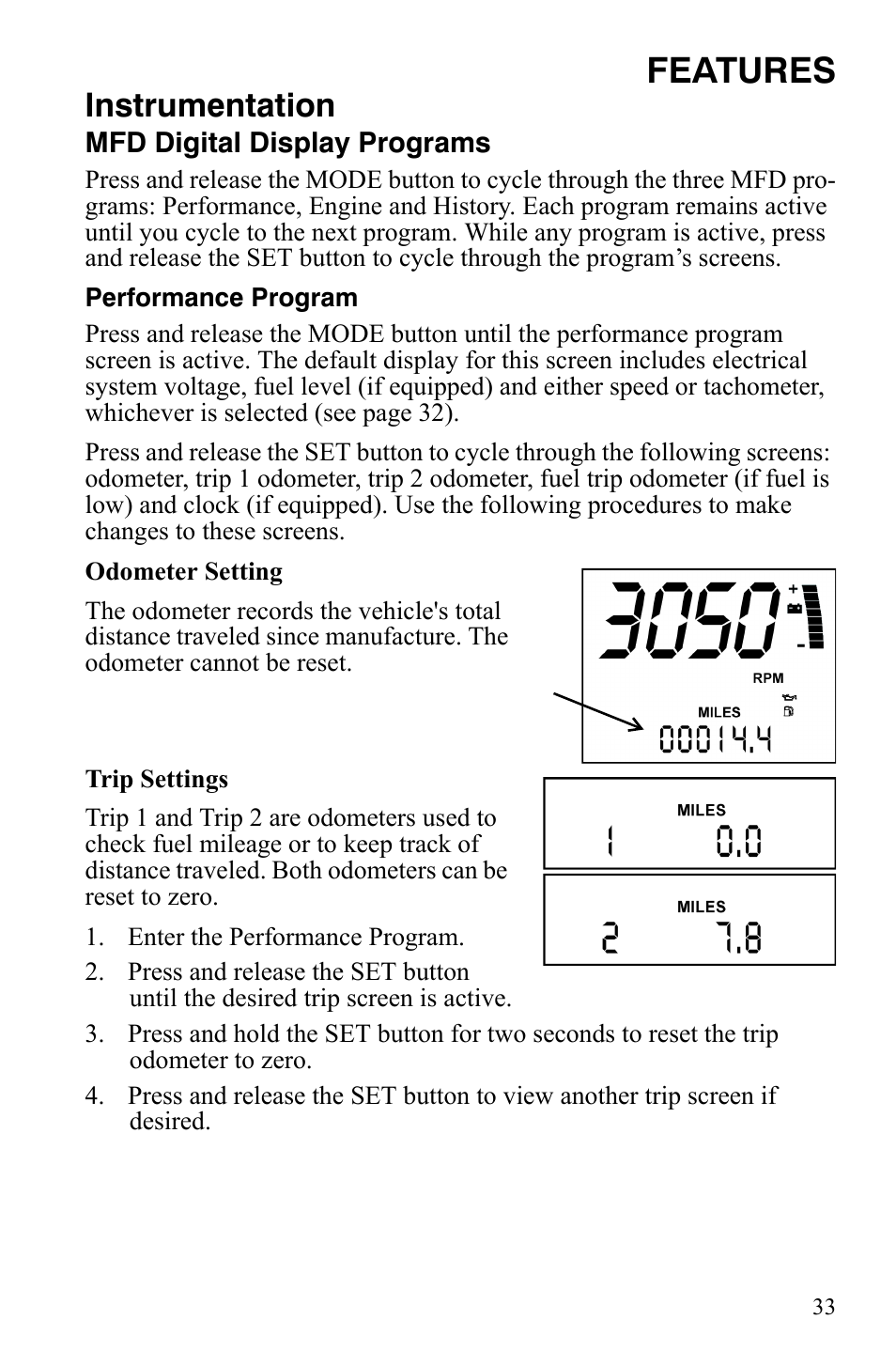 Features, Instrumentation | Polaris 800 Assault RMK User Manual | Page 37 / 134