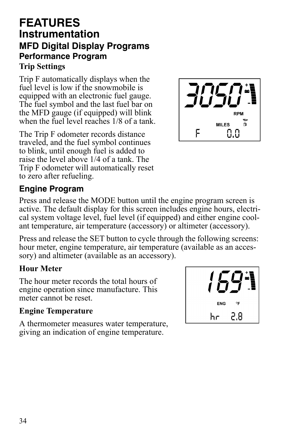 Features, Instrumentation | Polaris 800 Assault RMK User Manual | Page 38 / 134