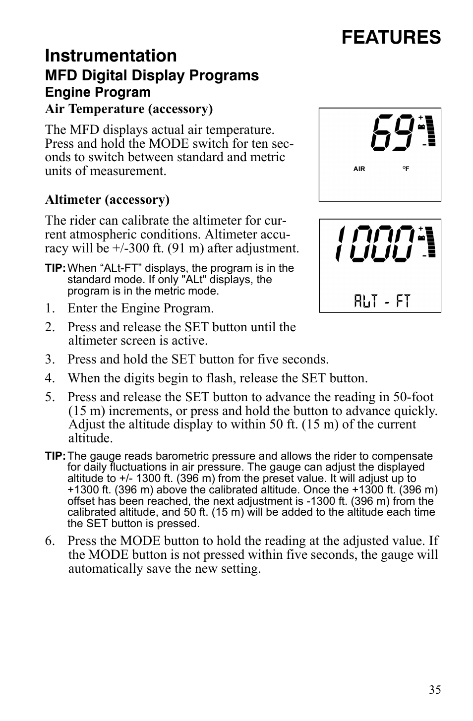 Features, Instrumentation, Mfd digital display programs | Polaris 800 Assault RMK User Manual | Page 39 / 134