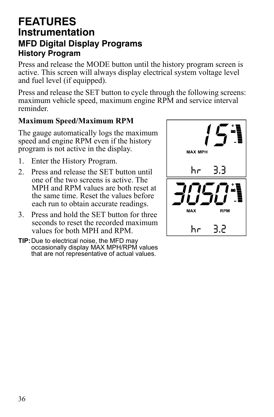 Features, Instrumentation | Polaris 800 Assault RMK User Manual | Page 40 / 134