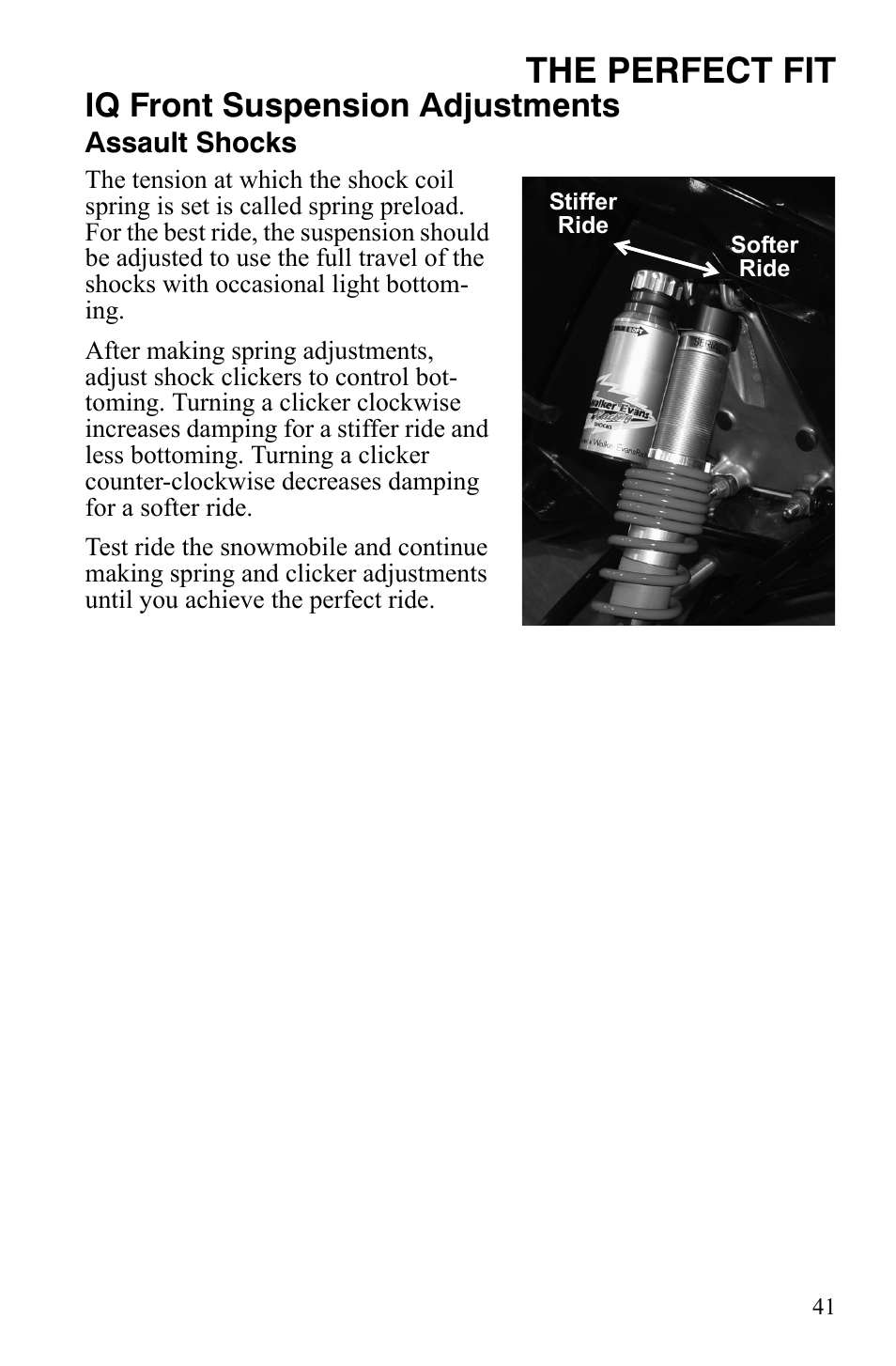 The perfect fit, Iq front suspension adjustments | Polaris 800 Assault RMK User Manual | Page 45 / 134