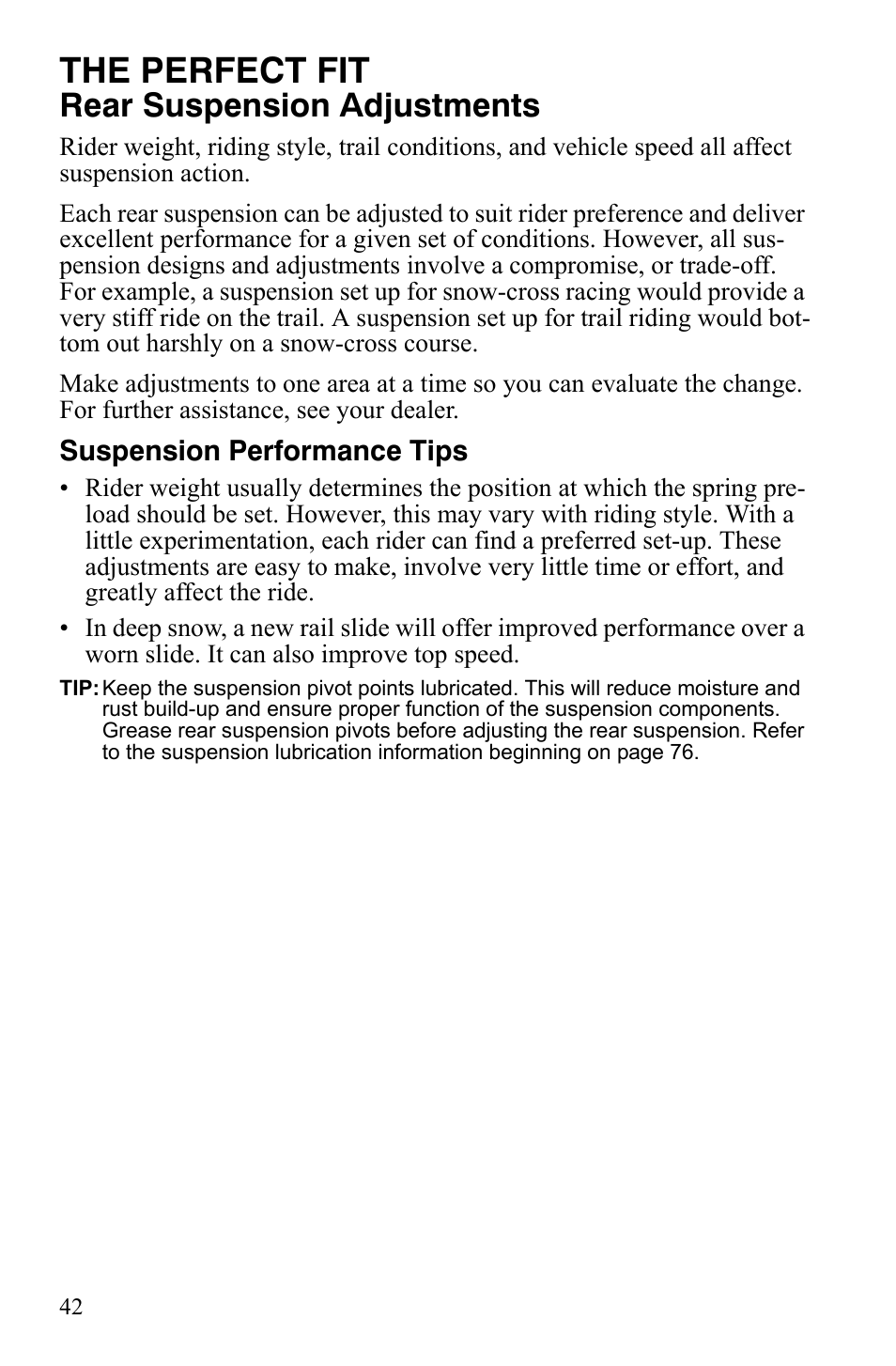 The perfect fit, Rear suspension adjustments | Polaris 800 Assault RMK User Manual | Page 46 / 134