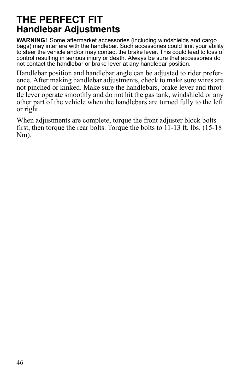 The perfect fit, Handlebar adjustments | Polaris 800 Assault RMK User Manual | Page 50 / 134