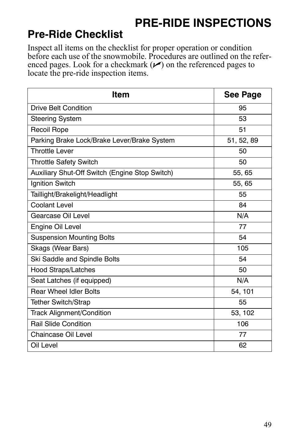 Pre-ride inspections, Pre-ride checklist | Polaris 800 Assault RMK User Manual | Page 53 / 134