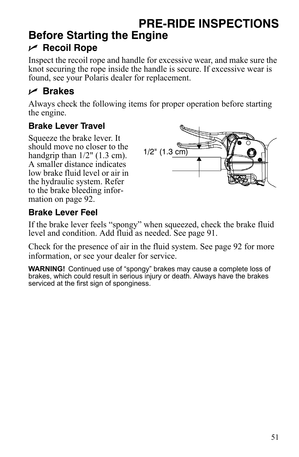 Pre-ride inspections, Before starting the engine | Polaris 800 Assault RMK User Manual | Page 55 / 134