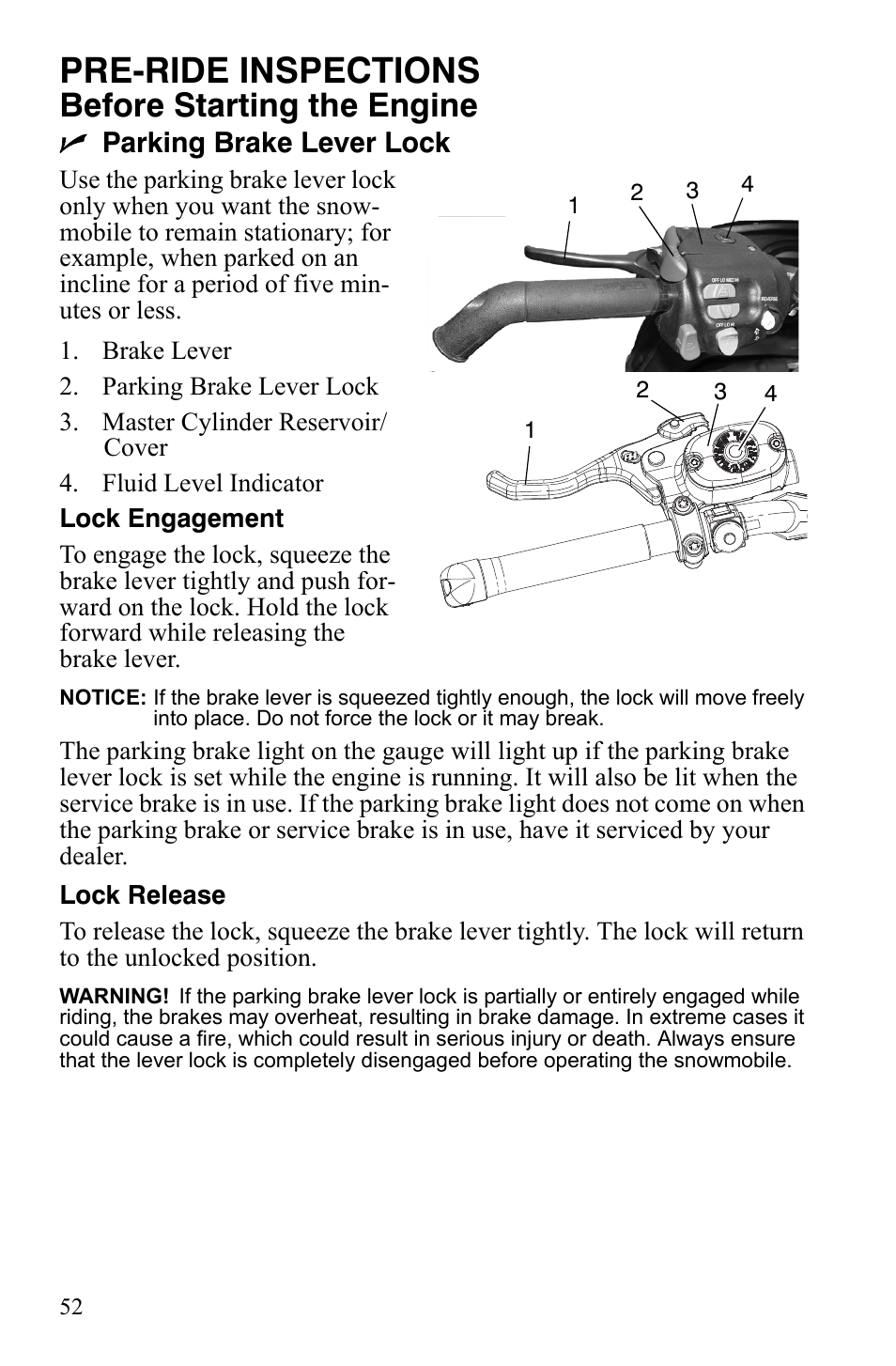 Pre-ride inspections, Before starting the engine, Nparking brake lever lock | Polaris 800 Assault RMK User Manual | Page 56 / 134